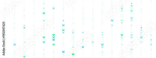 Abstract pattern of small blue and green butterflies on a white background, decorative butterfly wallpaper for graphic design and web banners