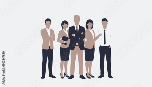 Diverse group of business professionals standing together in formal attire.