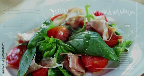 HUD overlay activating, camera shifting focus and pulling back, salad plate revealing basil center