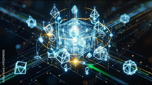Abstract geometric structures glowing on dark background animation