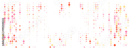 Abstract background with colorful pink and orange diamond shapes on white. Geometric pattern of scattered squares and rhombuses for modern design projects.