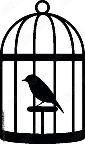 Black silhouette of a bird sitting inside a closed cage