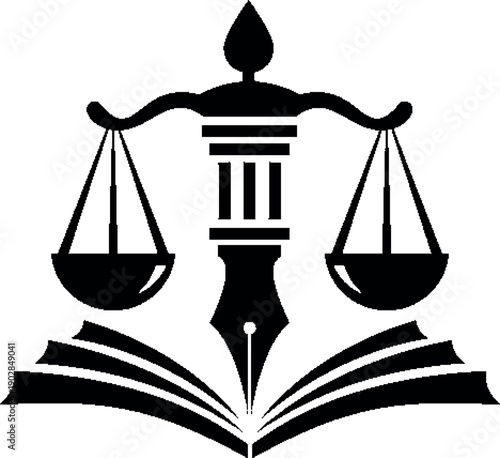 Black silhouette of a scale of justice on top of an open book
