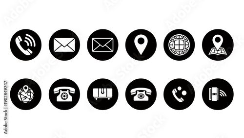 Collection of black circular icons depicting communication, location, and navigation symbols for interface design.