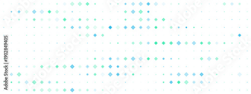 Abstract geometric background with blue and green diamond shapes on white, digital data visualization pattern for web banner and technology design.