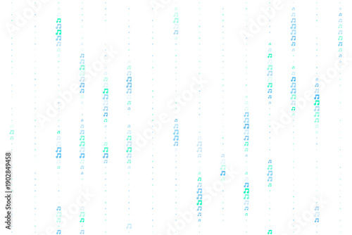Abstract background with falling musical notes in blue and green colors on white background. Digital music concept with vertical lines of eighth notes.