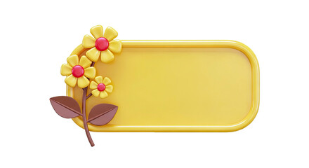 Yellow Banner with 3D Flowers and Leaves on White Background
