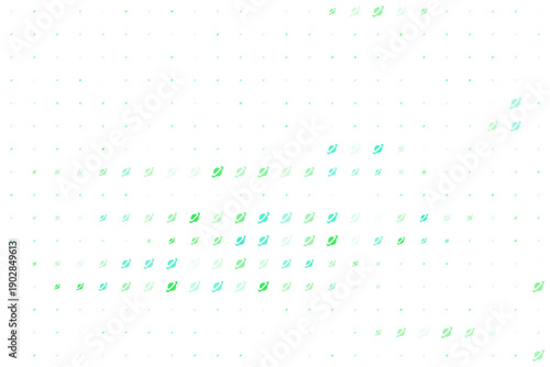 Abstract background pattern of green and blue planet icons on a white background with a halftone effect and geometric grid layout