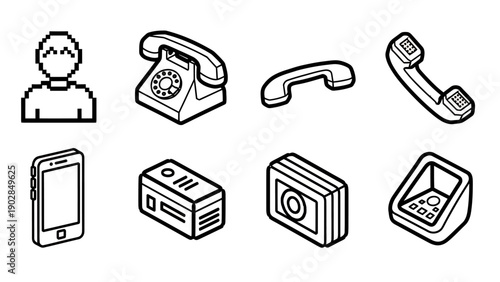 Minimal line icons illustrating a person and multiple communication devices including phones and telephones.