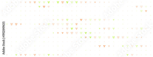 Abstract background pattern of radioactive hazard symbols in various sizes and colors on a white background for science and safety concepts