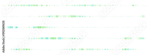 Abstract background with green and blue quotation marks pattern on white. Minimalist digital art with punctuation symbols in horizontal rows.