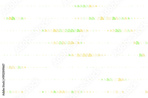 Abstract background pattern with green and yellow RSS feed icons on white background. Digital communication and information technology concept with repeating symbols.