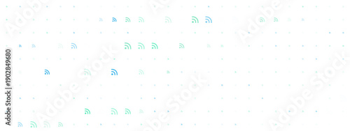 Abstract background with blue and green RSS feed icons and dots on white background. Digital communication and information technology concept.