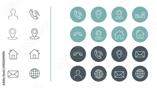 Collection of light and dark UI icons featuring communication, location, home, and envelope symbols for interfaces.