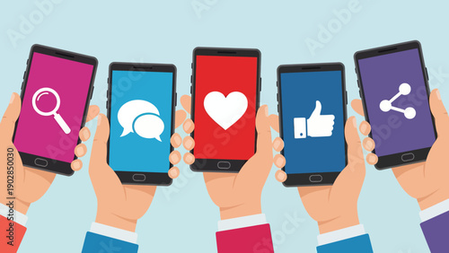 Diverse group of people holding up smartphones displaying social media icons and interactions.