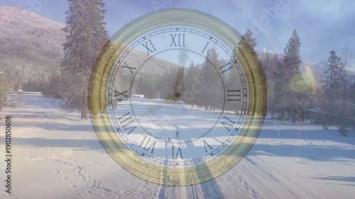 Two boys stepping into ski tracks, skiing toward treeline meadow clock overlay hovering education