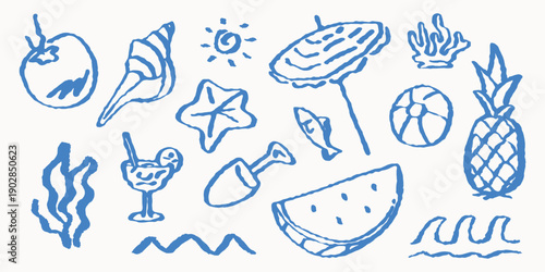 Tropical summer doodle collection with watermelon, beach ball, and ocean waves. Blue ink sketch style vector illustrations for social media, stickers, and creative summer layouts.