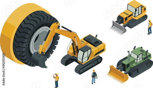 Isometric heavy construction machinery illustration featuring excavator lifting giant tire bulldozers workers and industrial equipment building site vector