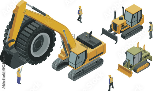 Isometric heavy construction machinery illustration featuring excavator lifting giant tire bulldozers and workers industrial equipment operations vector
