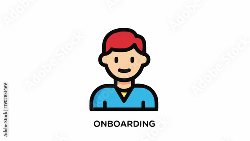 Smiling cartoon man in blue shirt.