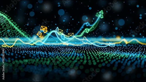 Abstract data visualization with flowing lines and digital particles