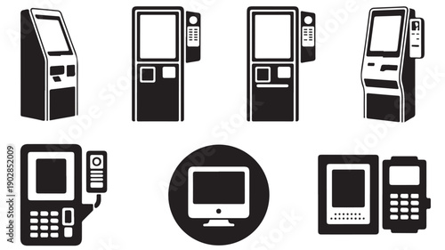 Black and white vector icon set featuring various self-service kiosks, payment terminals, and automated transaction machines for modern digital interfaces
