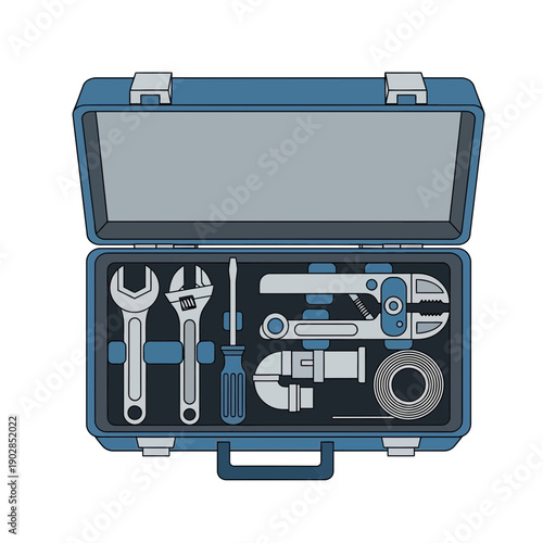 Open toolbox with plumbing tools and pipe wrench