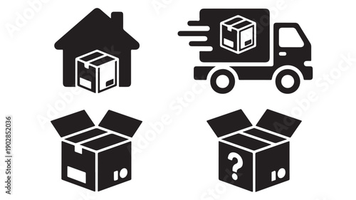 Four versatile monochrome icons depicting the journey of a package, covering warehousing, efficient shipping, secure packaging, and the anticipation of unboxing