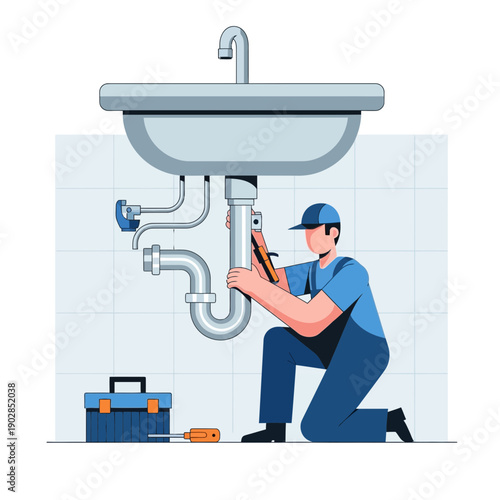 Plumber fixing sink pipes with toolbox and tools