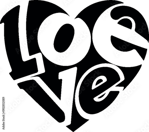 Black and white heart shaped love text graphic