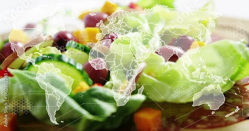 World map fading in after one second, adding hex pattern while camera highlighting salad textures