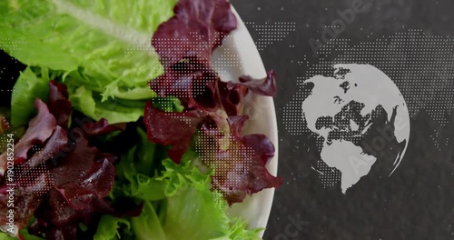 Cam panning left, zooming bowl with green-red leaves showing dew, map rotating showing freshness