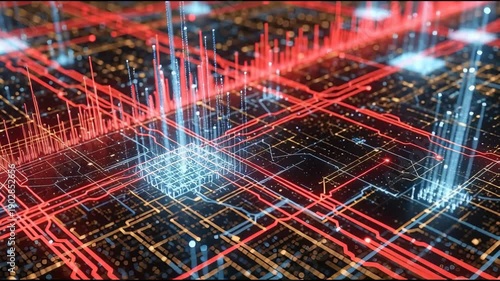 Abstract digital circuit board with data flow and light effects