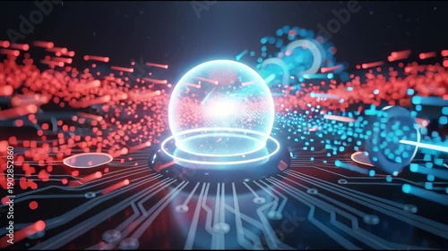 Abstract digital circuitry with glowing sphere and energy lines