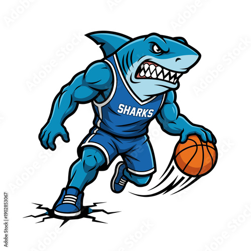 Blue Shark Mascot Dribbling Basketball in Uniform