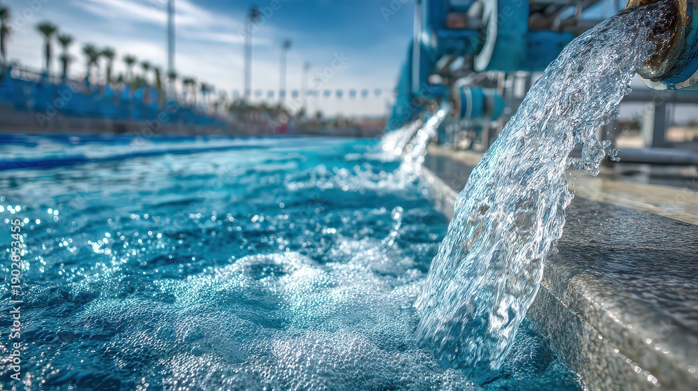 custom made wallpaper toronto digitalClear Water Flowing From Industrial Pipes Into Large Blue Pool at Water Treatment Facility Under Bright Sunny Skies in Outdoor Environment