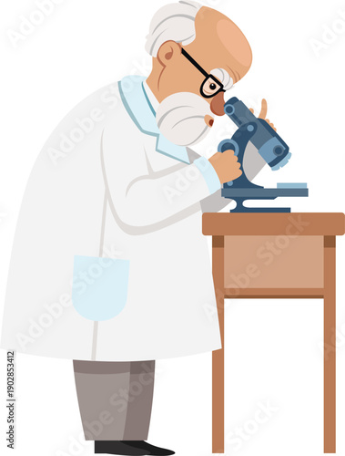 Old man look in microscope. Biology lab research