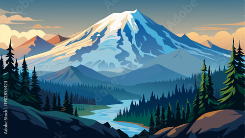 Snowy Mountain Landscape Vector with River, Evergreen Forest and Dramatic Sky