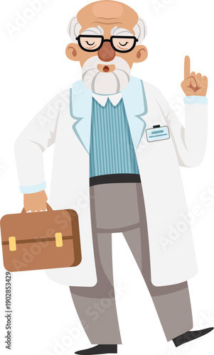 Scientist point finger cartoon character. Doctor mascot
