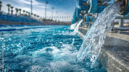 Wallpaper Mural Clear Water Flowing From Industrial Pipes Into Large Blue Pool at Water Treatment Facility Under Bright Sunny Skies in Outdoor Environment Torontodigital.ca