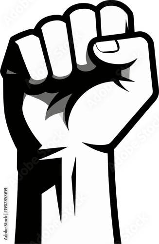 Raised clenched fist with bold black outlines and internal shading