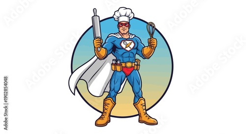 Super Chef Hero in Action, Kitchen, Illustration, Vibrant Colors, Dynamic Scene, Comic Style