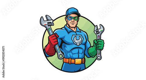 Action-Packed Hero with Tools, Digital Illustration, Creative Design, Energetic Style, Vibrant Colors, Dynamic Perspective