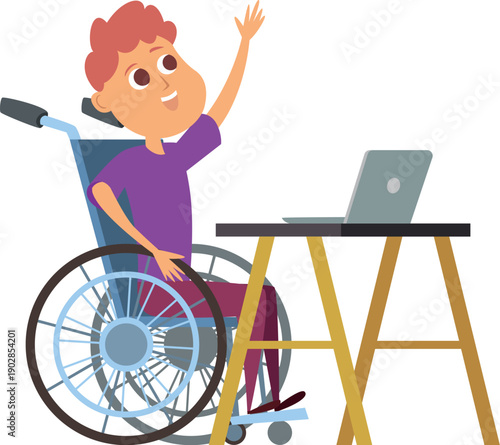 Disabled boy in school. Studying cartoon kid in wheelchair