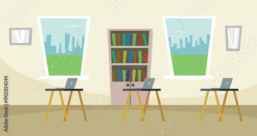 School interior. Classroom cartoon education scene background