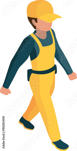 Walking engineer isometric character. Building construction worker