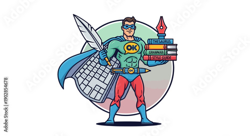 Heroic Superhero Writer with Keyboard and Books Illustrating Creativity in a Colorful Environment