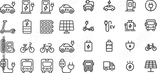 Electric vehicle charging station icons with solar panel and battery symbols, eco friendly transportation and sustainable energy concepts with bicycles and scooters