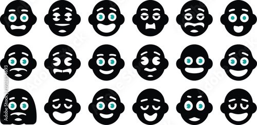 Collection of various cartoon faces with different expressions and emotions on white background, icons set