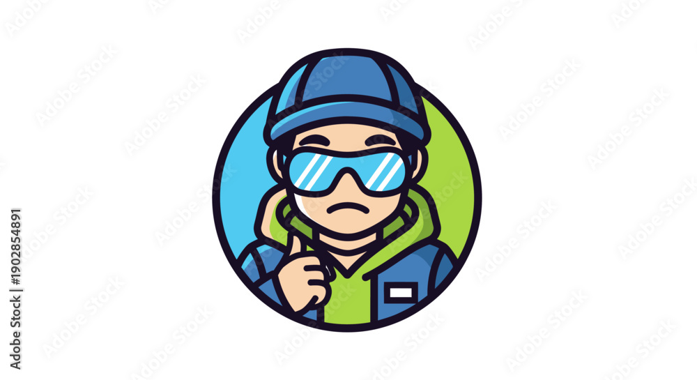 Naklejka premium Urban Action Illustration of Cool Character in Blue and Green Outfit with Sunglasses, Graphic Design, Digital Art, Modern Style